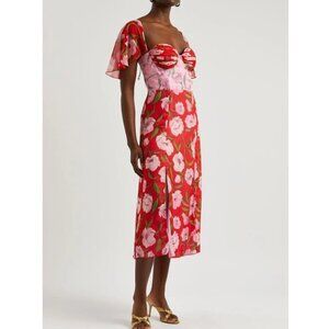 Rotate Birger Christensen Floral-print Sweetheart-neck Midi Dress Pink Red Sz 8